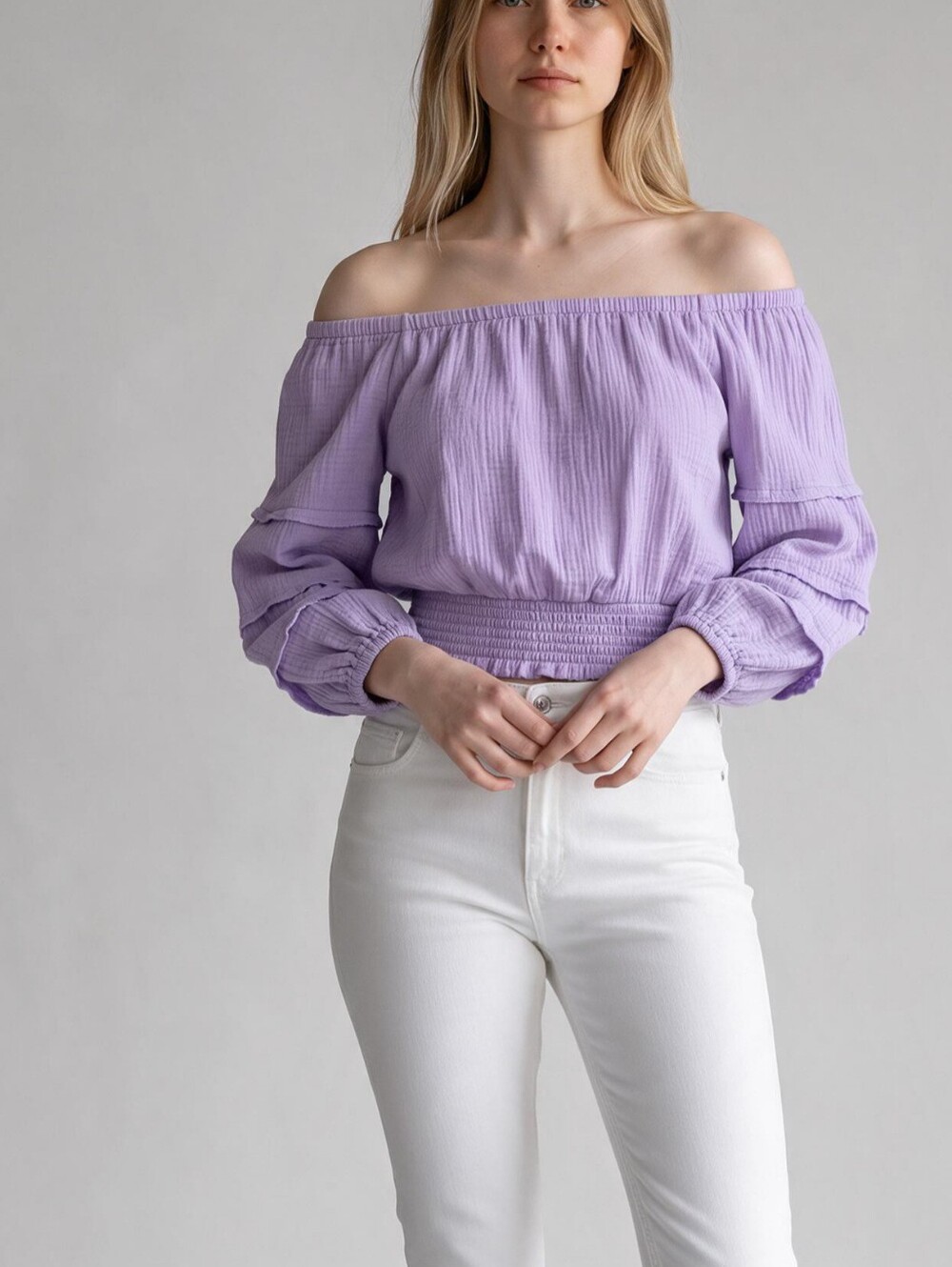 Umgee Size L Lavender Gauze Balloon Sleeve Crop Top